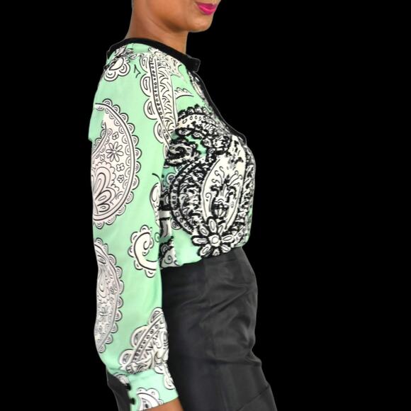 Manoush Chiffon Blouse Green Sequins Top Sheer Pastel Paisley Black Bow Size 4 - Picture 9 of 14